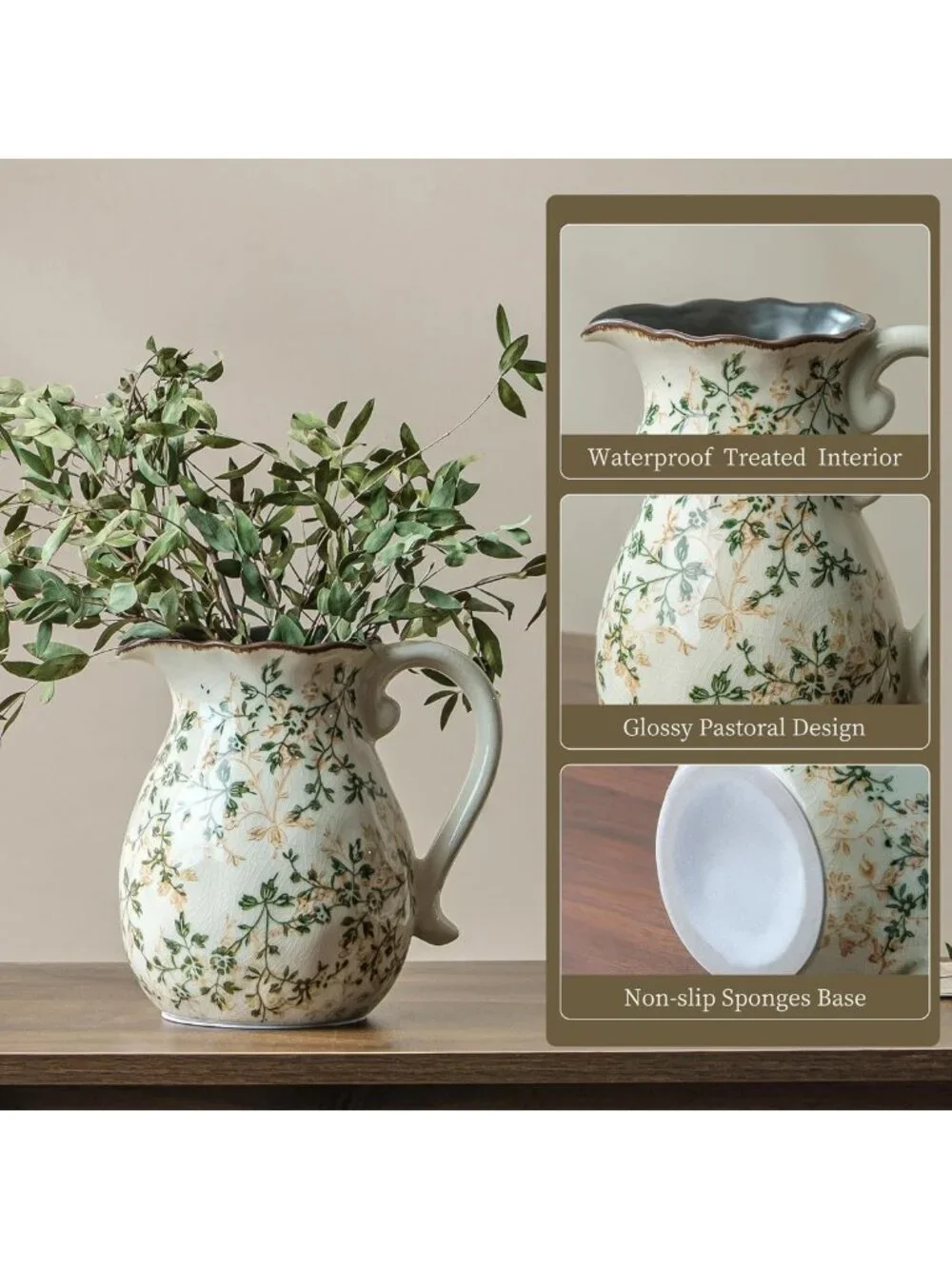 Vintage Green Ceramic Flower Vase | Rustic Farmhouse Decor for Home & Wedding